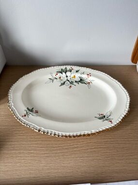 White Floral Ceramic Serving Platter with Gold Rim